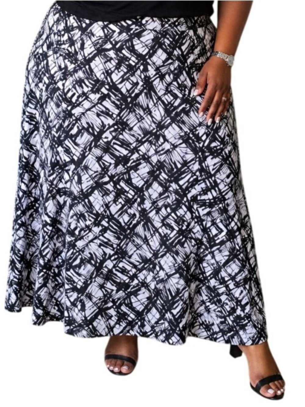 George Plus Size 4X Skirt Maxi Black/White Abstract Print Elastic Waist Flowy